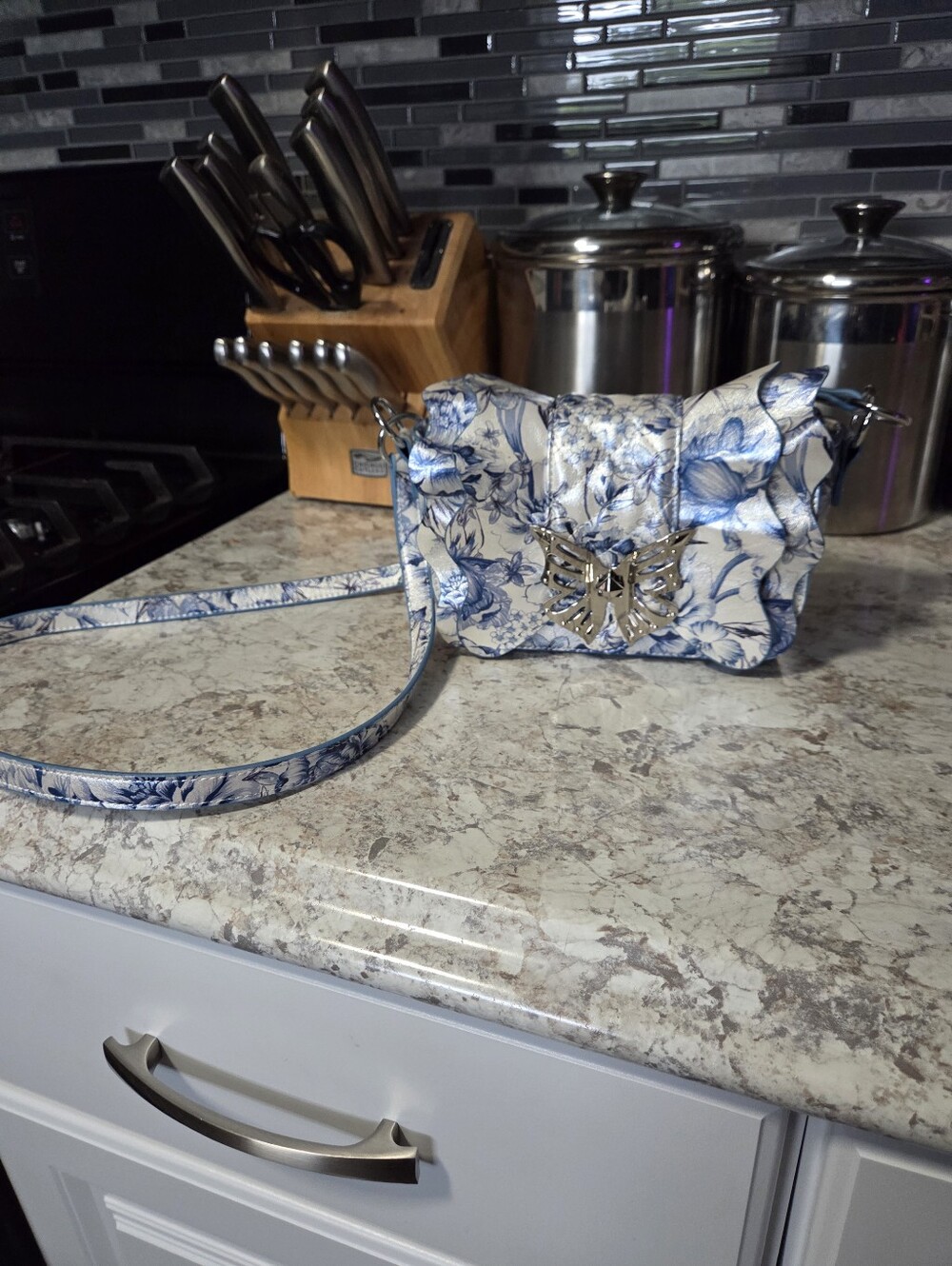 Betsey Johnson Flights Of Fancy White Blue Floral Butterfly Crossbody Bag Purse